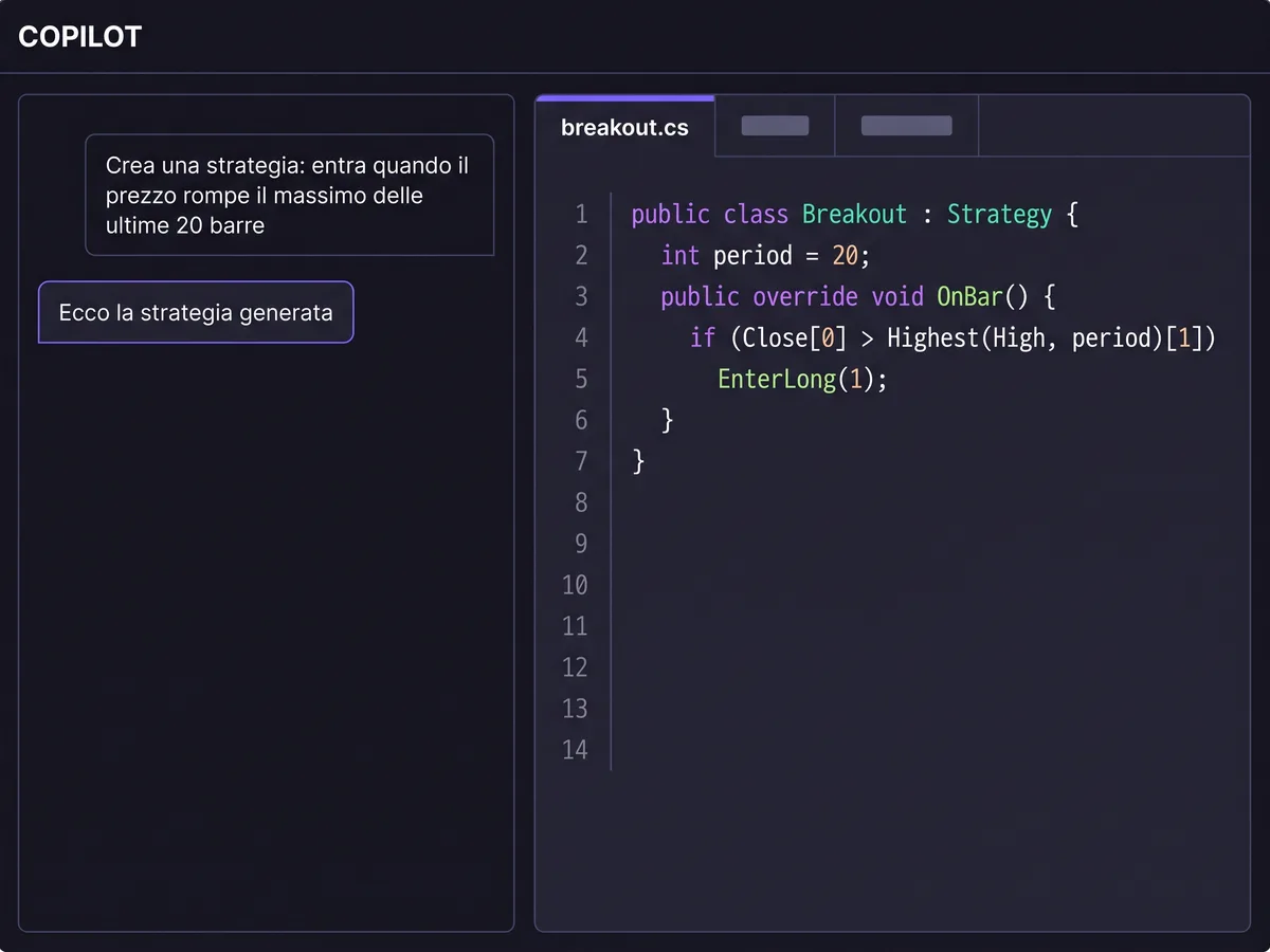 Reconstructed interface of the copilot: a plain-language request and the script it produces in the editor.