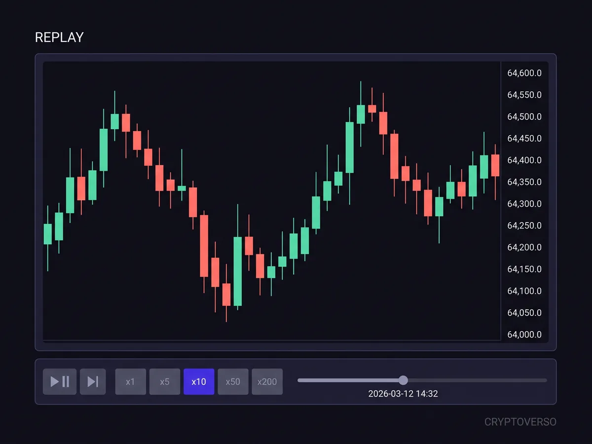 Reconstructed interface of the replay: the chart goes back in time with a progress bar and speed control.
